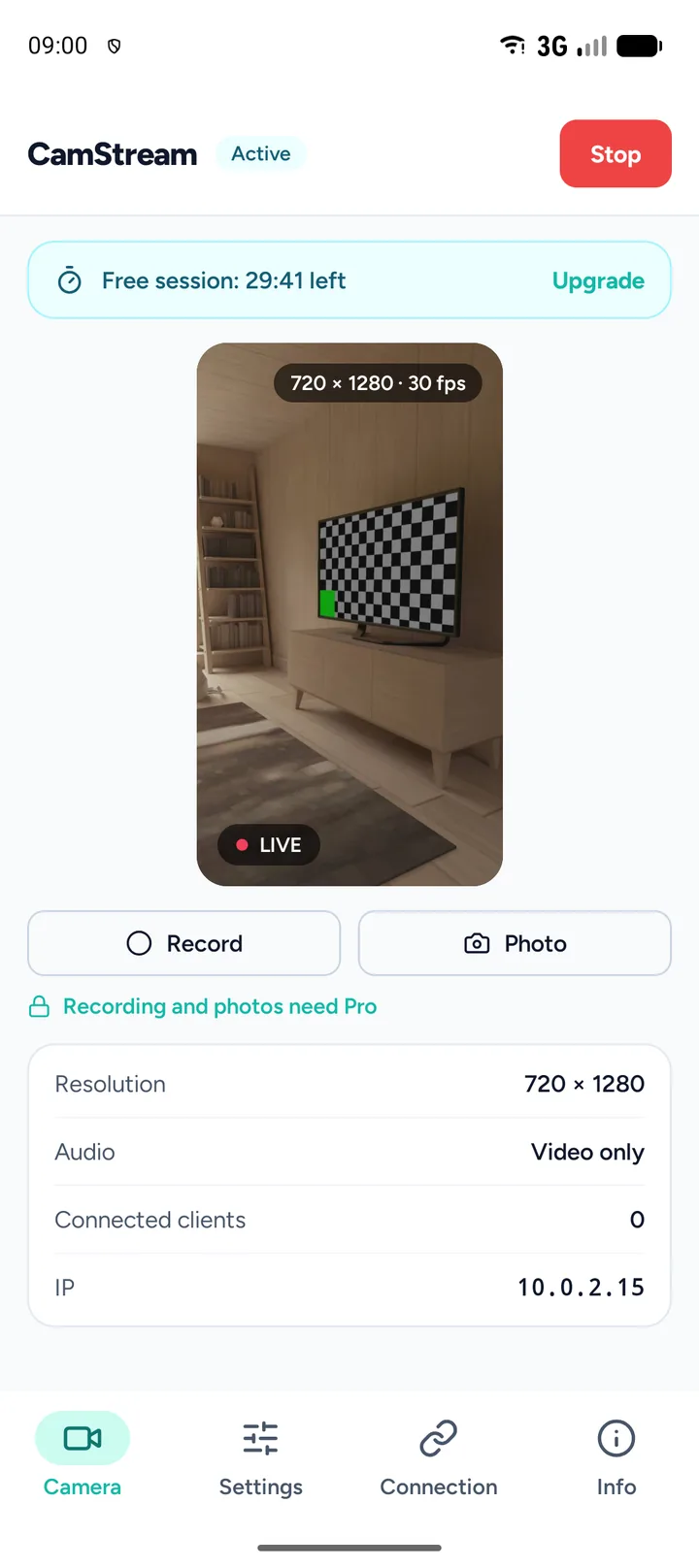 Streaming, with the resolution, the connected clients and the address the camera answers on