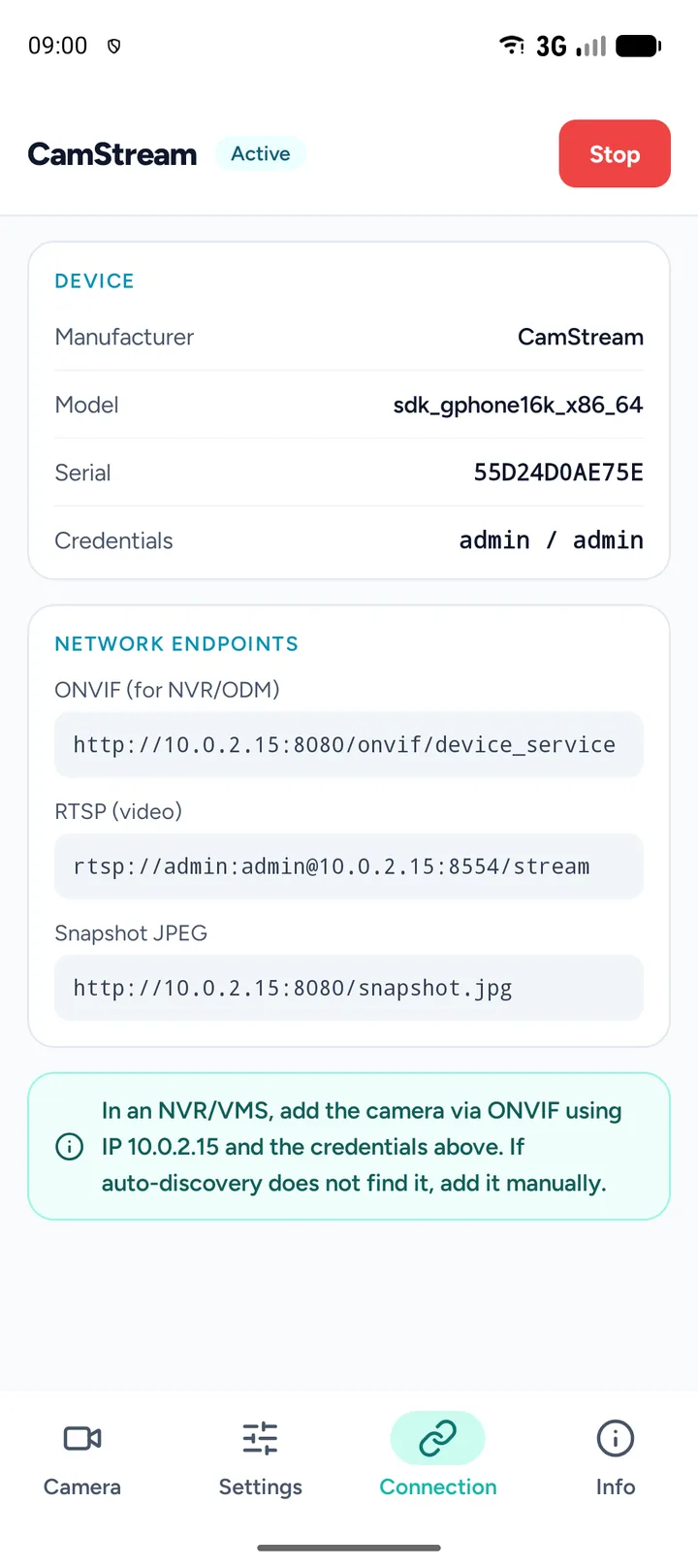 The ONVIF, RTSP and snapshot addresses, ready to paste into an NVR