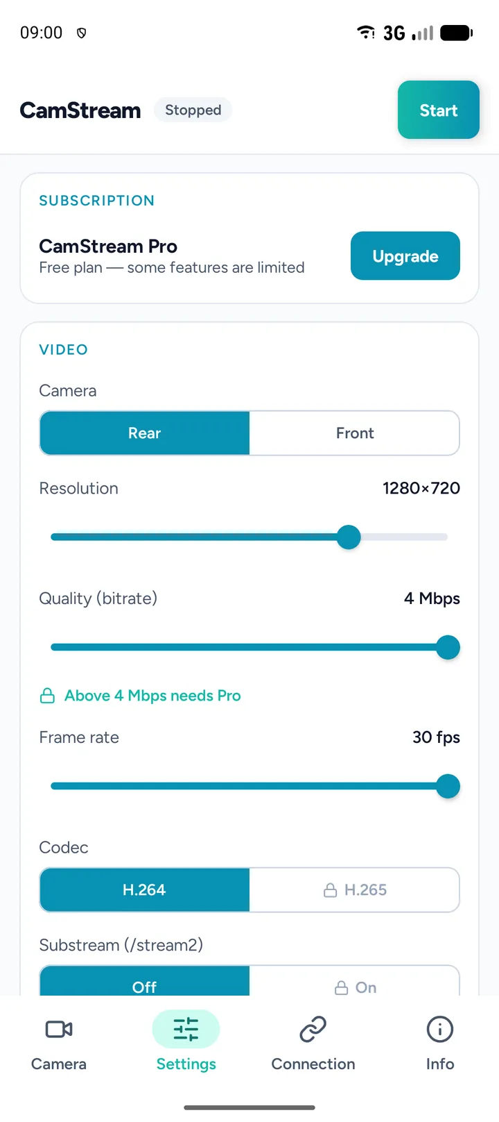 Resolution, bitrate, frame rate, codec and substream