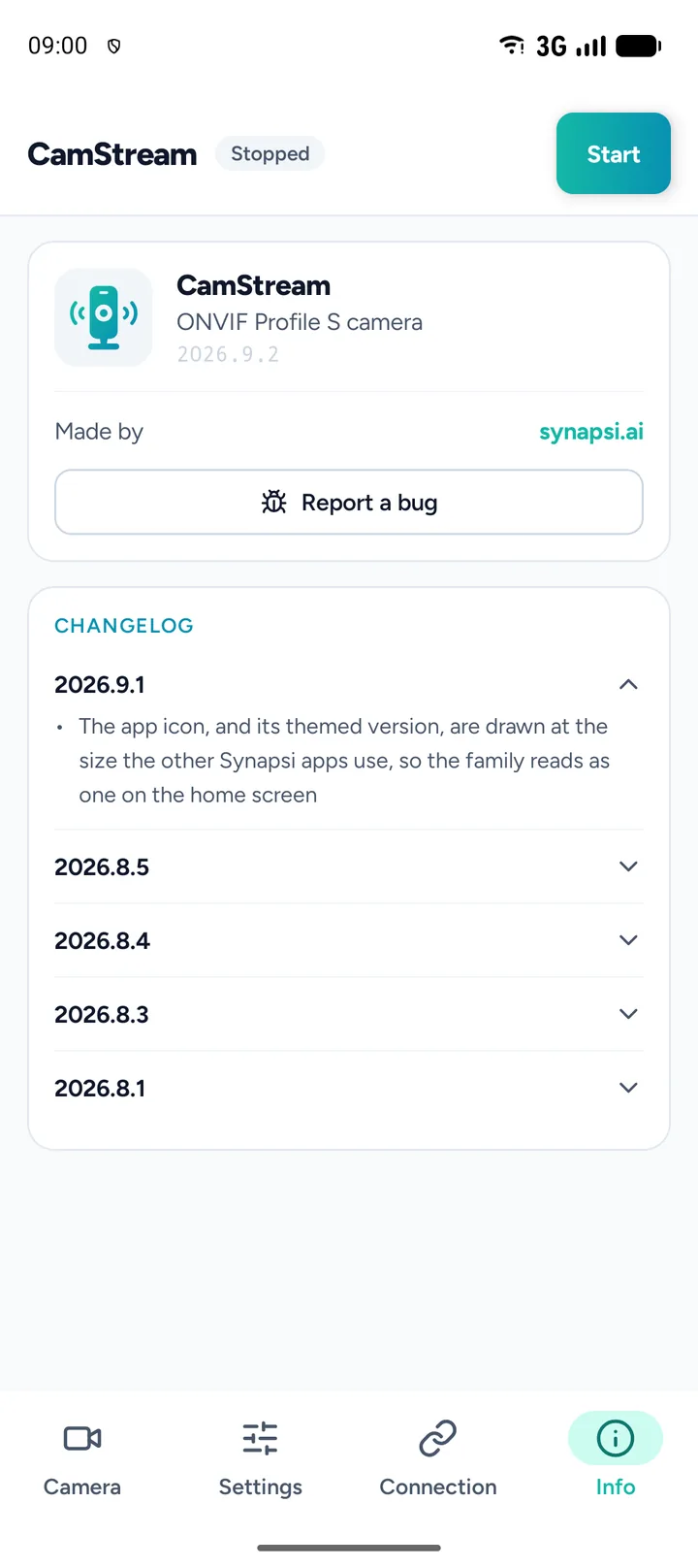 The Info tab, with the version installed and what changed in it